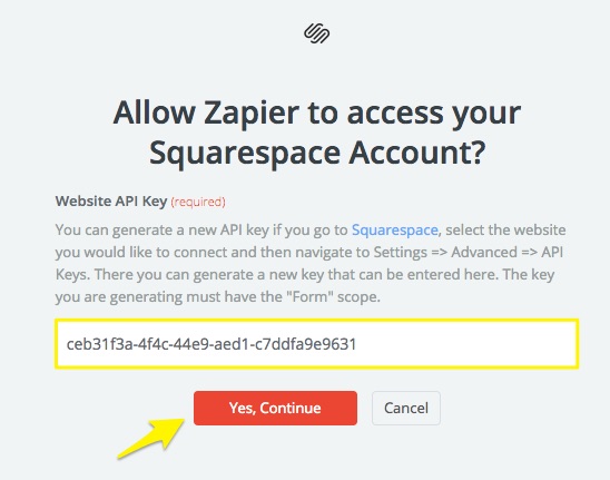 Connecting a Zapier account to a Squarespace site.