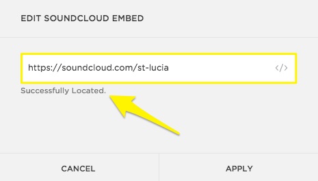 SoundCloudブロックに埋め込み可能なURLを追加すると、「正常に配置されました」というメッセージが表示されます。