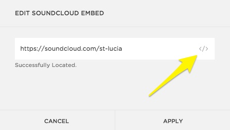 埋め込みアイコンをクリックして、SoundCloudの埋め込みコードを追加します。
