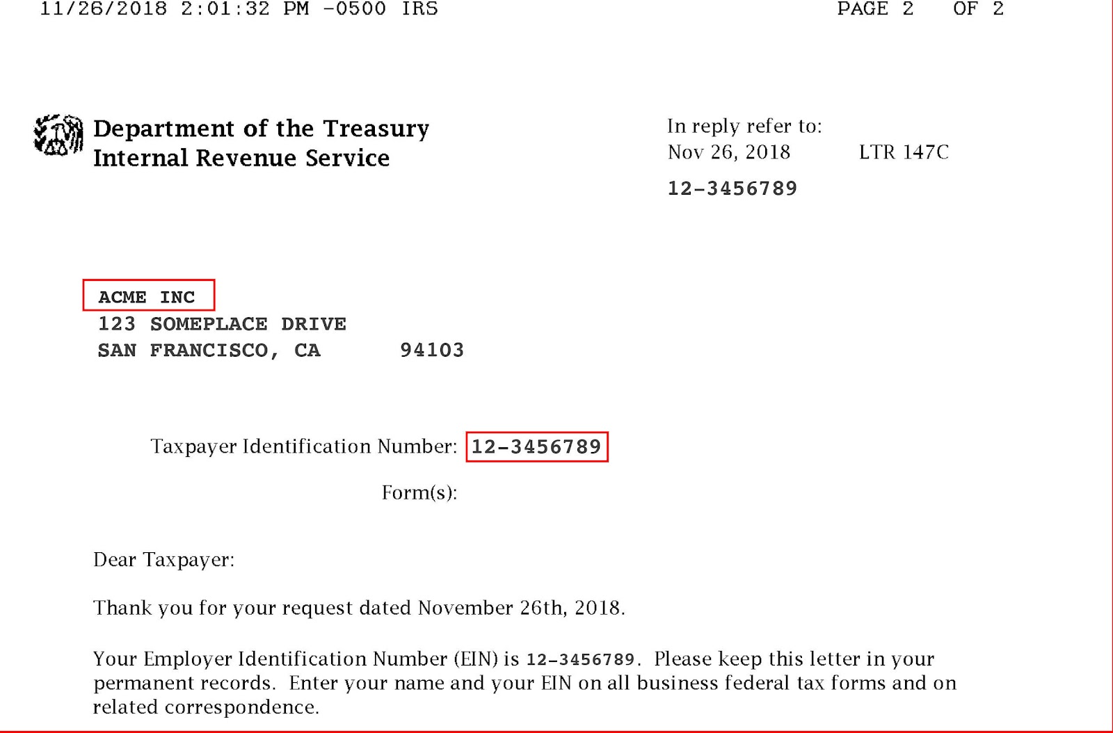 Lettera 147C dell'IRS con il nome dell'azienda e il numero di identificazione del contribuente evidenziati