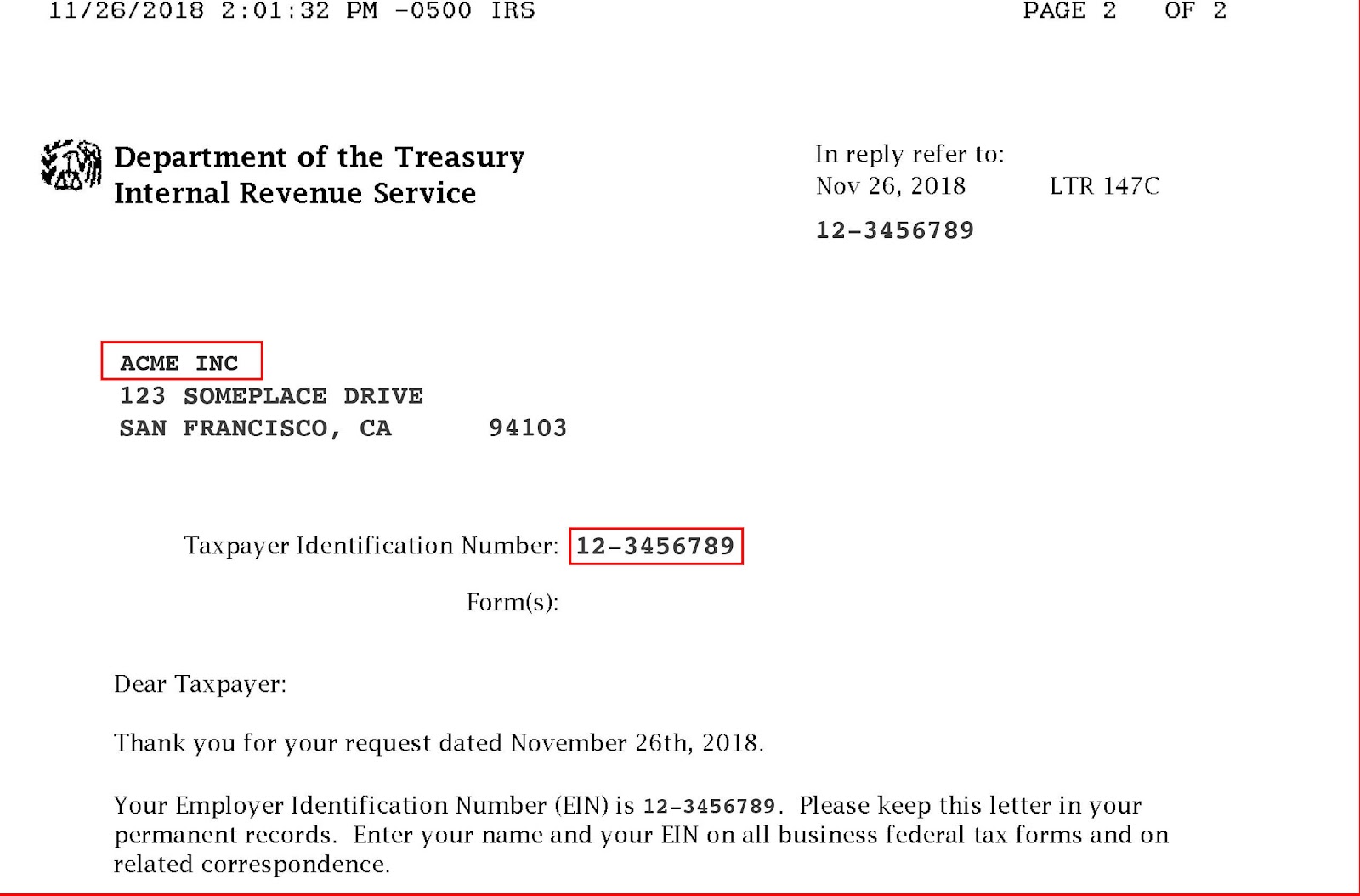 IRS letter 147C with business name and taxpayer identification number highlighted