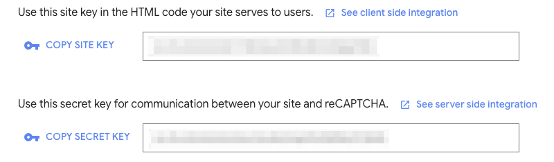 Clave del sitio y clave secreta en el panel de comando de reCAPTCHA.