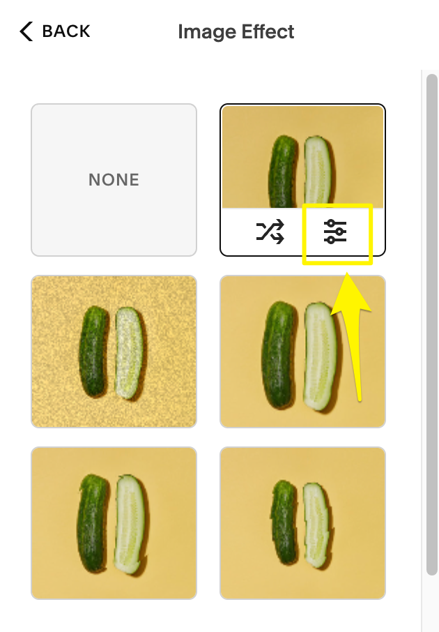 El icono de configuración aparece cuando haces clic en uno de los efectos de imagen en el editor de sección