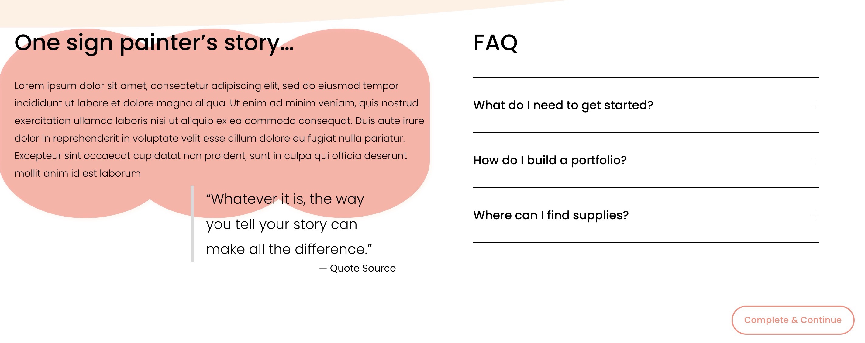 Pagina del corso Squarespace con blocchi di contenuto che includono un blocco citazione, un blocco a fisarmonica come FAQ e un blocco forma per evidenziare il testo.jpg