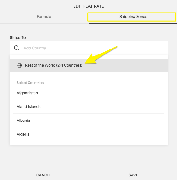 Selecting Rest of the World in the Shipping Zones tab.