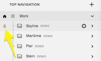 Passa il mouse su una pagina demo e clicca sull'icona del cestino per eliminarla.