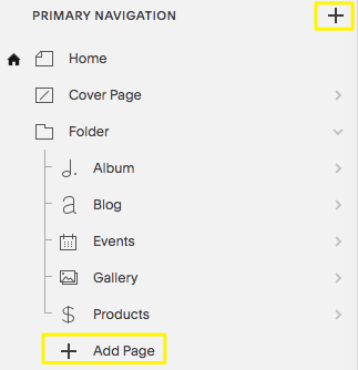 Clique no ícone de adição ou em Adicionar página para abrir o menu da página.