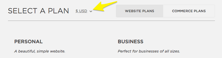 The currency dropdown on the Select a Plan page.