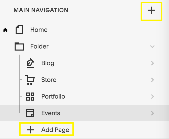 Clique no ícone de adição ou em Adicionar página para abrir o menu da página.