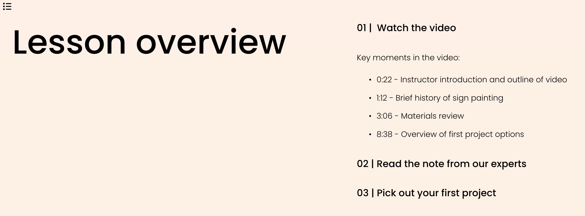 비디오 타임스탬프가 포함된 Squarespace 코스 페이지 수업 개요 예시.jpg