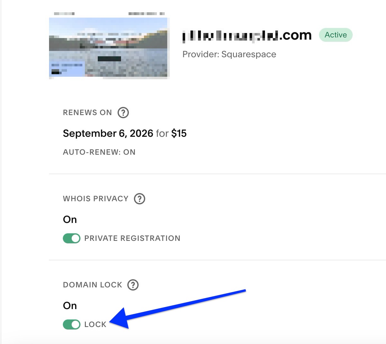 Na página de detalhes do domínio, a opção de bloqueio de domínio é destacada e ativada.