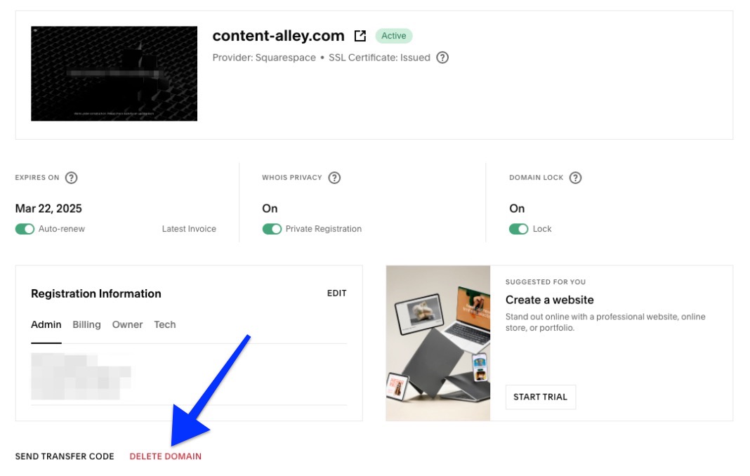 delete domain option highlighted in Squarespace account.jpg