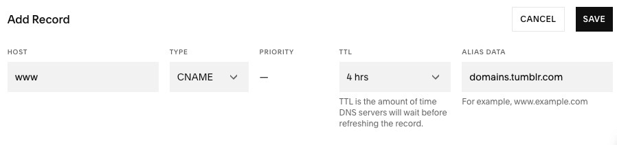 Adding a CNAME record to point a Squarespace domain. The fields displayed are Host, Type, Priority, TTL, and Alias Data.