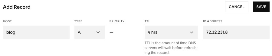 Adding an A record to create and point a subdomain. The DNS fields are Host, Type, TTL, and IP Address.