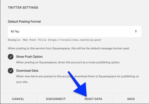 an arrow points to the data reset button on the settings panel of a connected social account