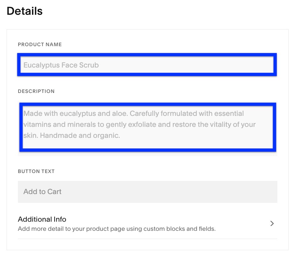 the produt name and description fields are higlighted in the details section of the product information panel