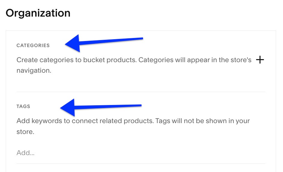 arrows are pointing to the categories and tage options in the organization section of the product details panel