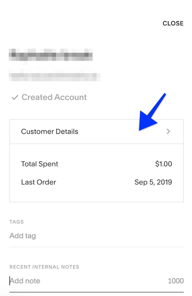 Individual contact card shows the customer's purchases, tags, and any notes.