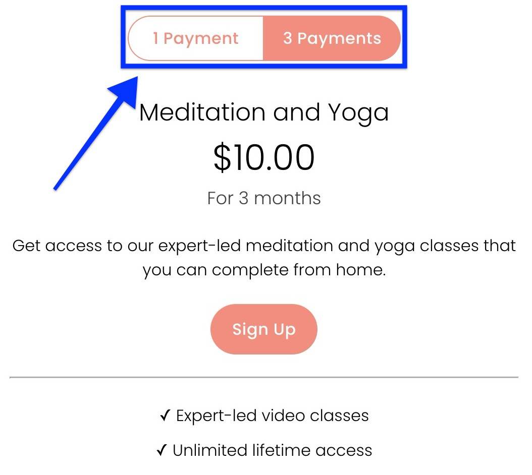 Pricing plan block shows two pricing plan options with a toggle that highlights either one payment or three.