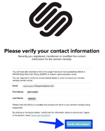 Verify information button is at the bottom of the panel. The panel lists email, first name, and last name as information to be verified.