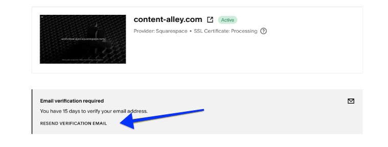 The domains dashboard lists email verification required. Click Resend Verification Email to resend the verification email.