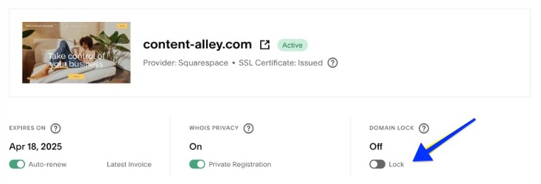 In the domains dashboard, under the domain, you can toggle the domain lock off. An arrow points to the toggle.