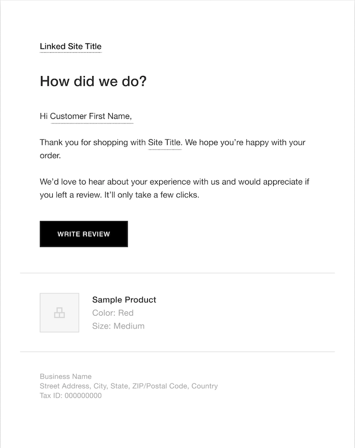 Product review request email including a message to the customer, a product summary, and a button that says Write Review.