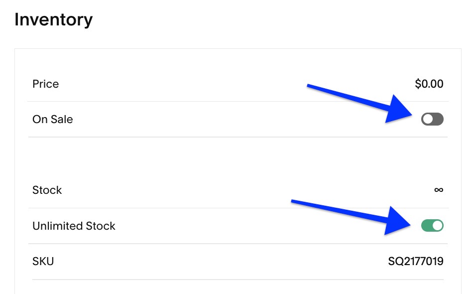 Pfeile zeigen auf die Umschalter „Im Angebot“ und „Unbegrenzte Menge“ in den Abschnitten „Preisgestaltung“ und „Inventar“