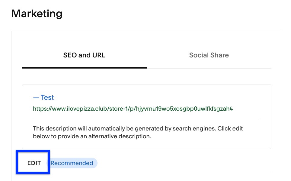 Im Marketing-Abschnitt des Produktinformationsbildschirms ist der Bearbeiten-Button hervorgehoben, um zu zeigen, wo du deine SEO-Beschreibung aktualisieren kannst
