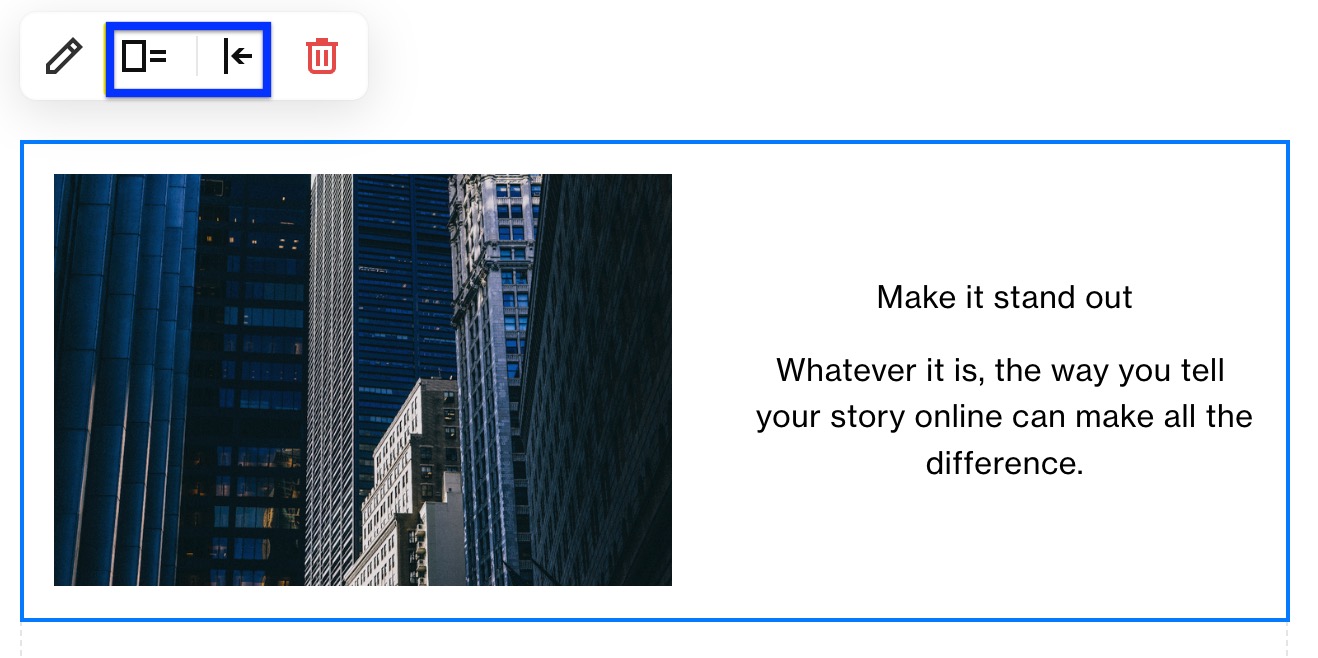 Quick action buttons to change alignment and layout of a block