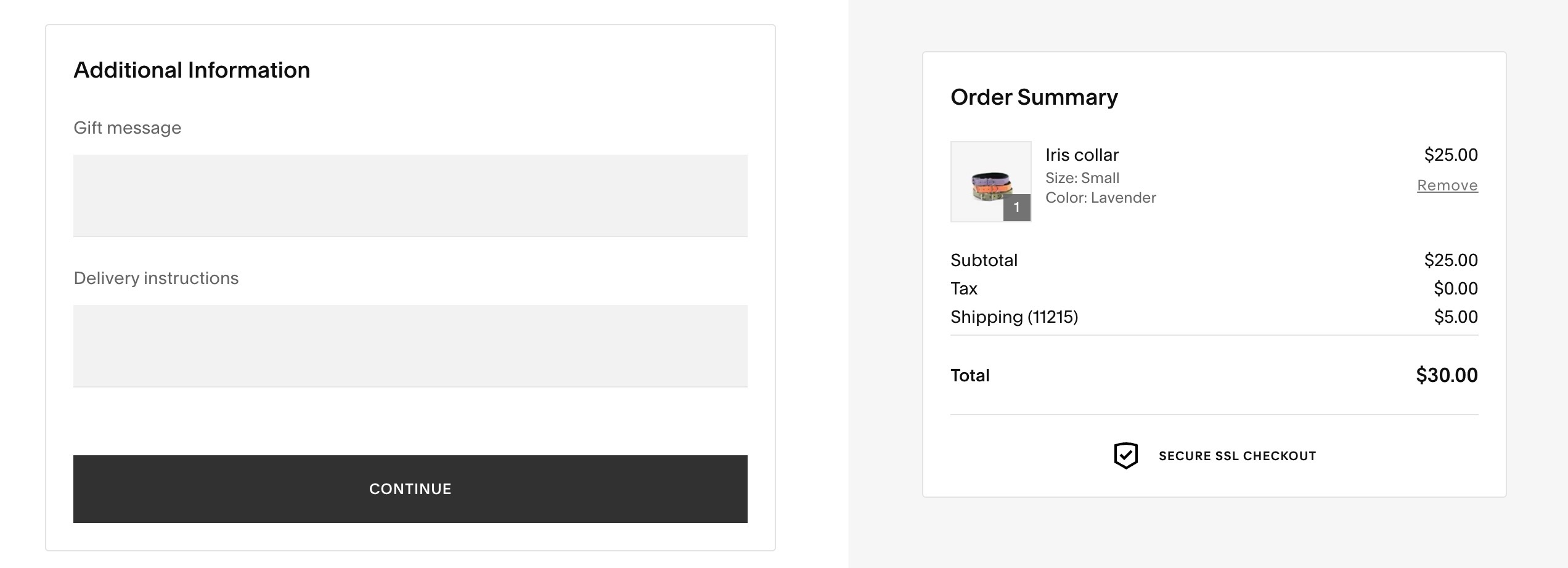 A custom checkout form with gift message and delivery intstruction fields as it appears during checkout on a Squarespace site.