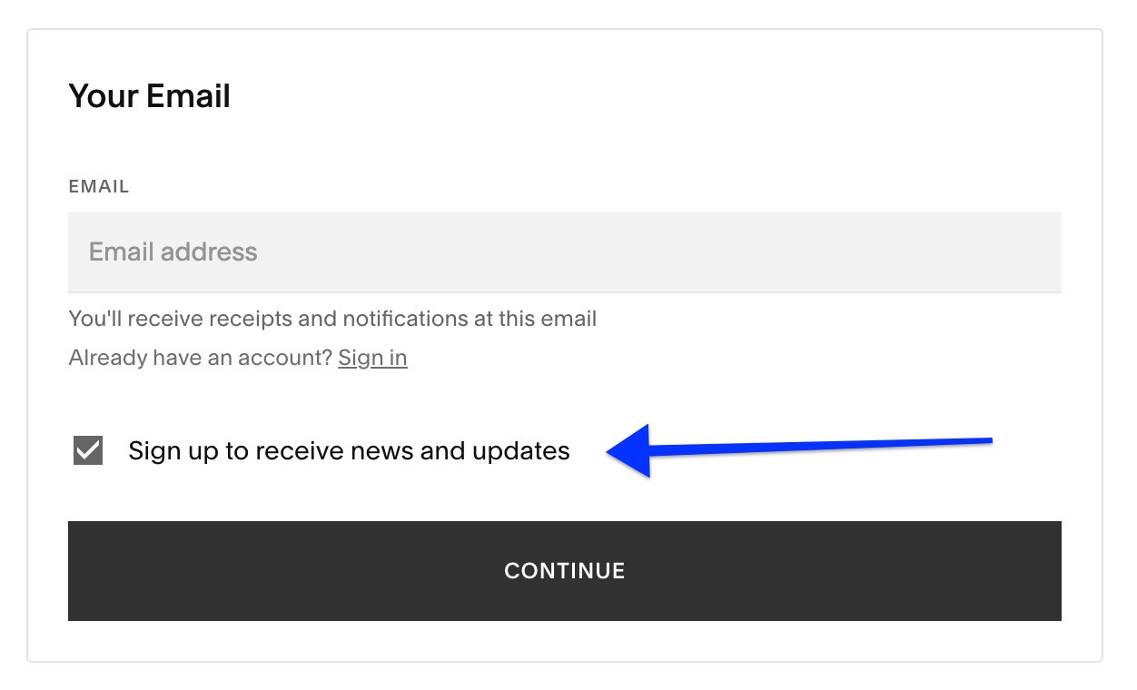 The newsletter subscribe option as it appears during the checkout process on a Squarespace site.