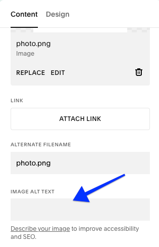 Image alt text field located within the Content tab of the image block editor.