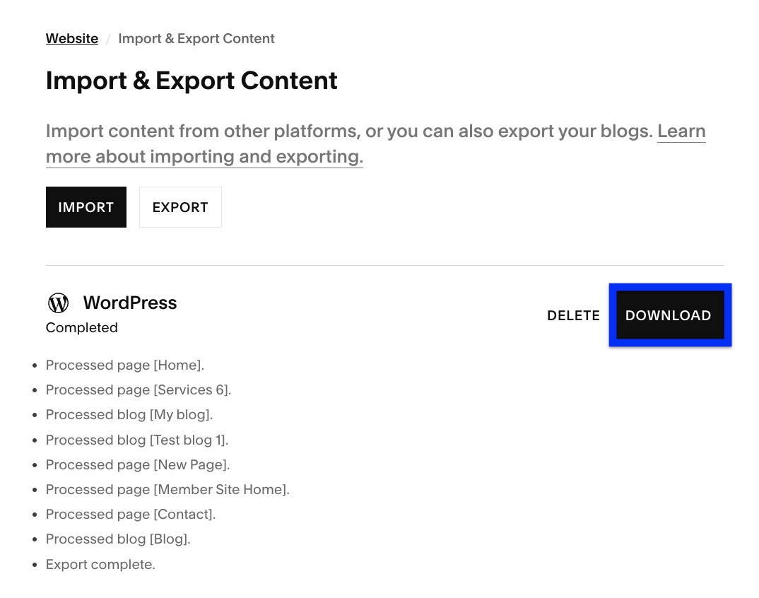 Blog export download button displays on the right