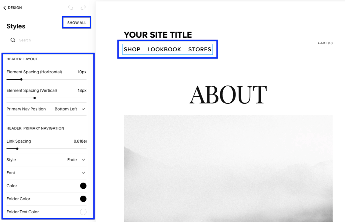 Clicking an element on the page displays the style tweaks available for that area.