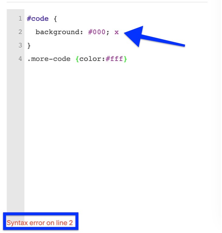 Custom CSS panel shows line numbers and lists syntax errors with line number.