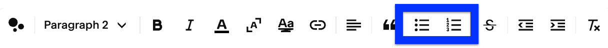 텍스트 도구 모음에서 번호 매기기 및 글머리 기호 목록 아이콘이 강조 표시됩니다.