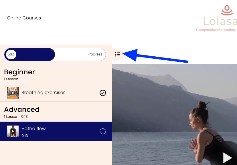 Pagina del corso Squarespace con navigazione del corso espansa per mostrare stato di avanzamento, capitoli e lezioni