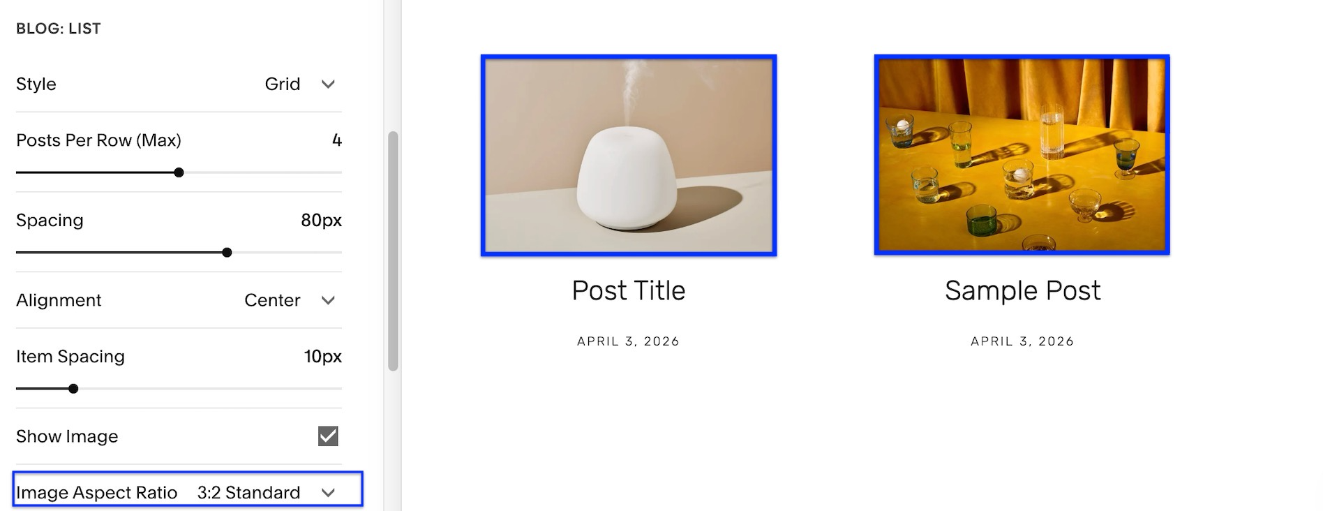 La partie gauche de l’image présente la configuration de la page Blog avec le template Brine, laquelle inclut le réglage de la valeur de proportion. Celle-ci est réglée sur 3:2. Les images sur la droite respectent cette valeur de proportion.