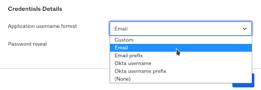 Een uitklapmenu voor het gebruikersnaamformaat van de applicatie met e-mail geselecteerd.