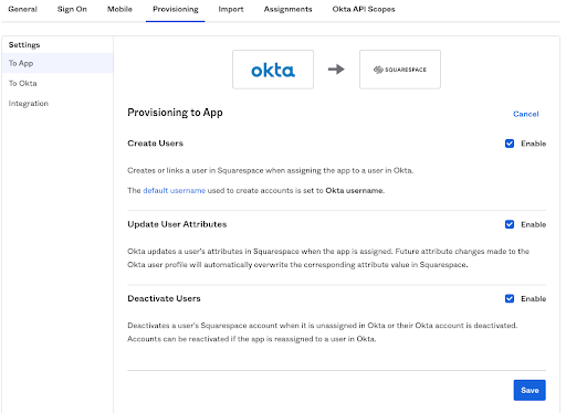 Een paneel om te kiezen welke acties Okta mag uitvoeren