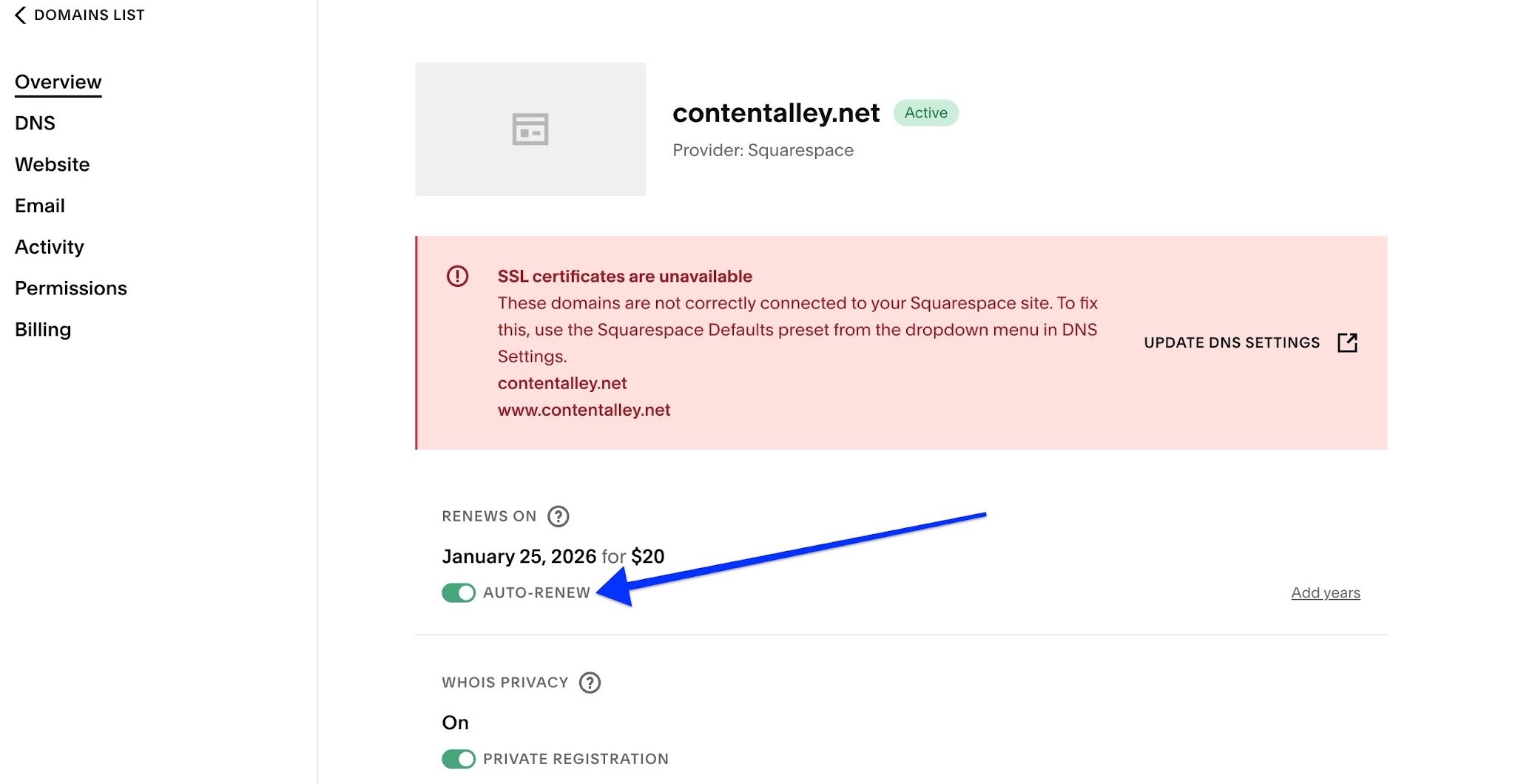 bir ok, Squarespace hesabının alan adı genel bakış ekranındaki otomatik yenileme geçişine işaret eder